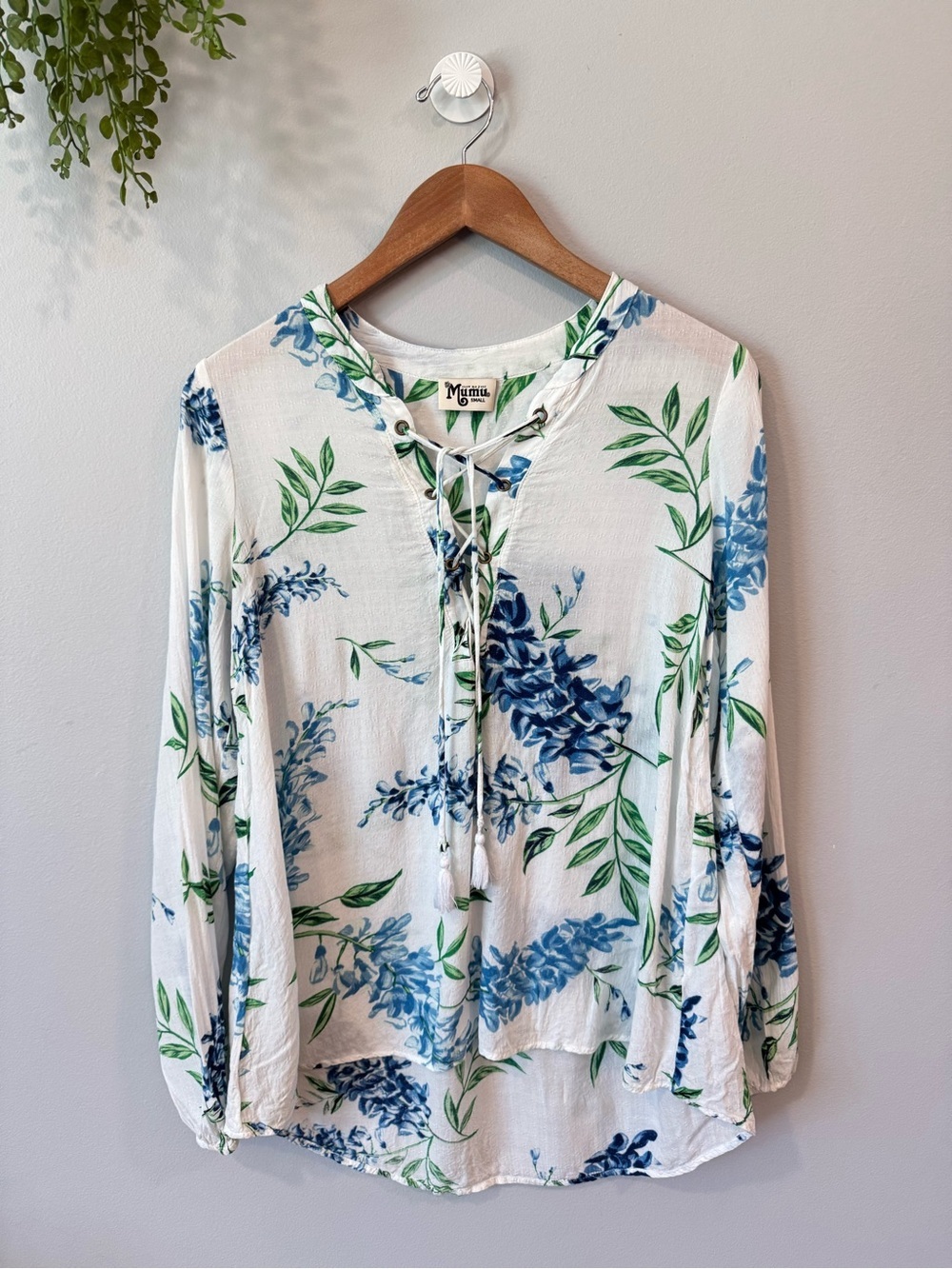 Show Me Your MuMu White Blue Floral Lace-Up Tunic